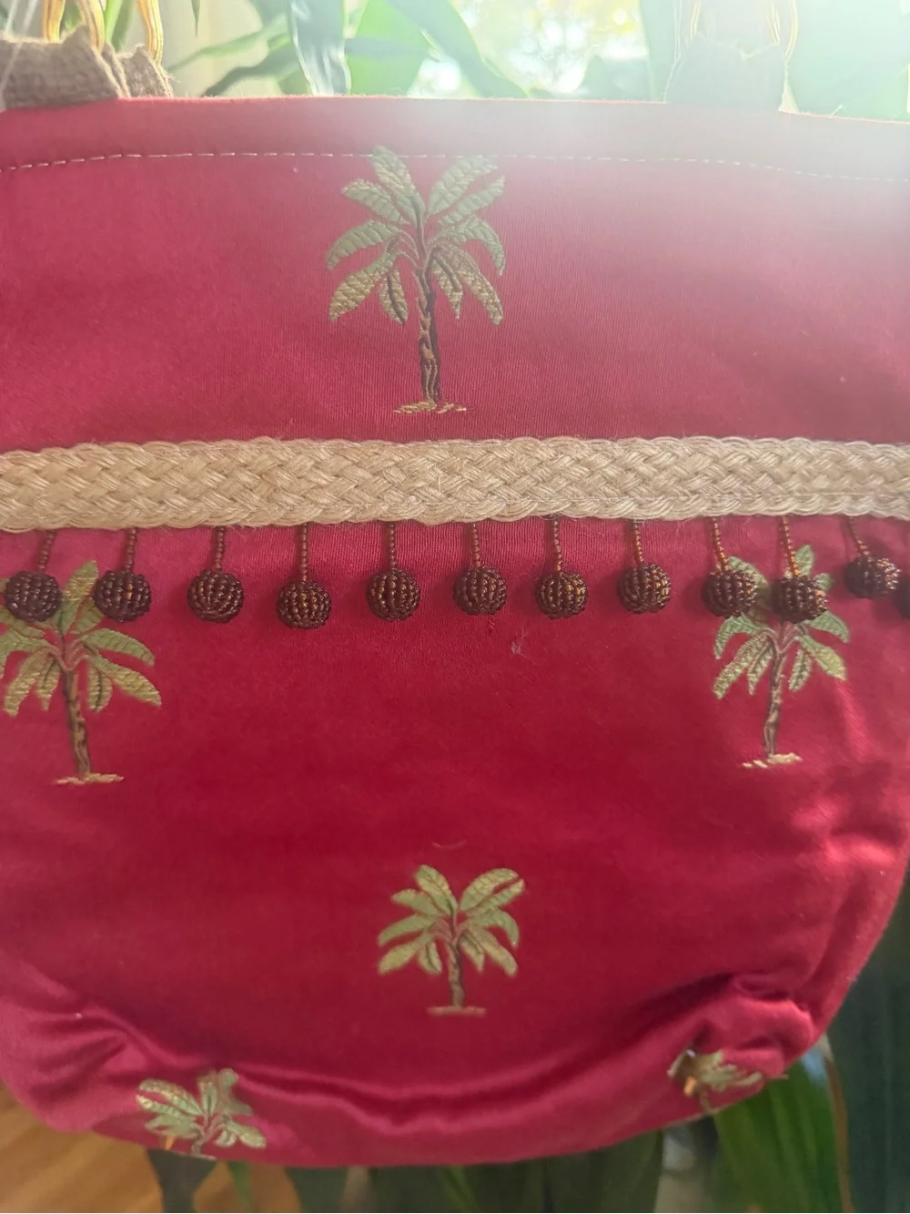 Red Palm-Embroidered Bamboo Handle Tote